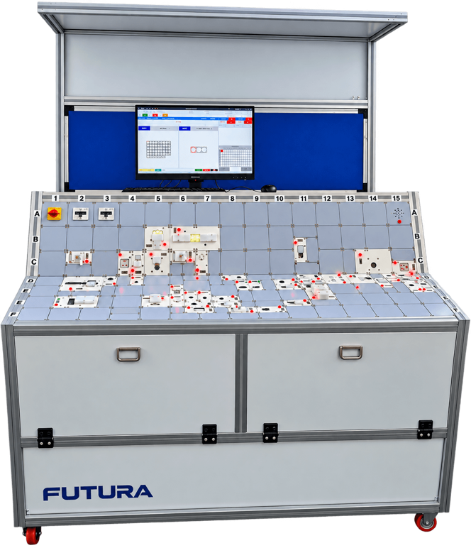 Futura modular wiring harness test bench with connector fixtures, LED indicators and PC display